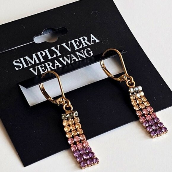 VERA WANG Mod/Contemporary Gold Rainbow Ombre Rhinestone Crystal Drop Earrings - Picture 2 of 4
